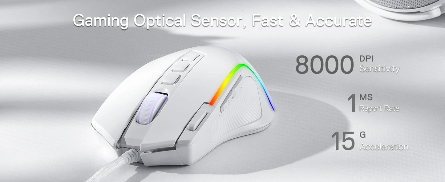 Redragon M612 Predator RGB Gaming Mouse – 8000 DPI, Wired, White
