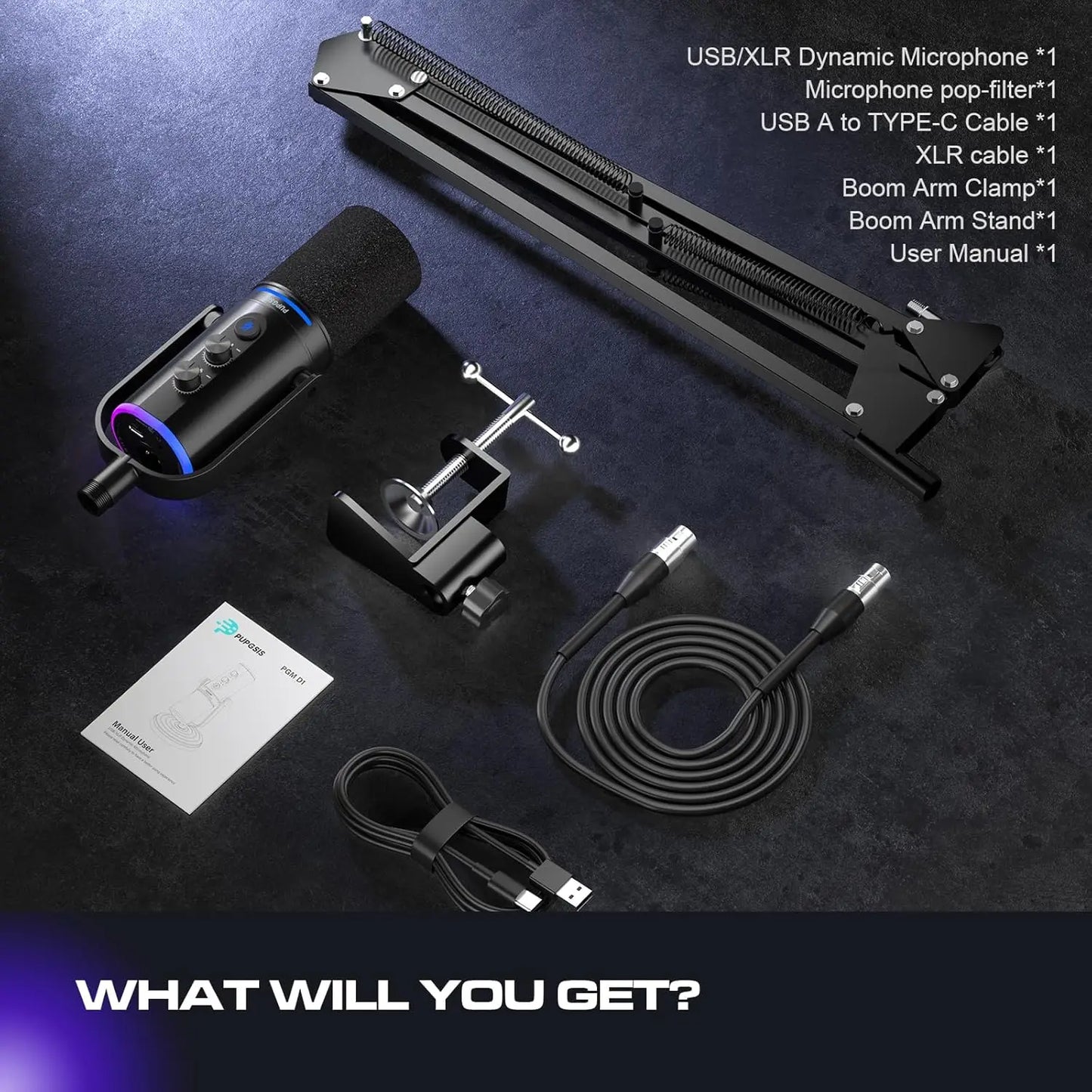PUPGSIS USB/XLR Dynamic Microphone,PC Gaming Mic with RGB Light,Podcast Mic for Recording, Streaming, Vocal & Singing, with Mute