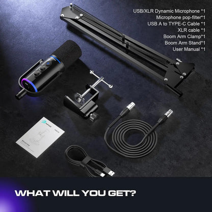 PUPGSIS USB/XLR Dynamic Microphone,PC Gaming Mic with RGB Light,Podcast Mic for Recording, Streaming, Vocal & Singing, with Mute