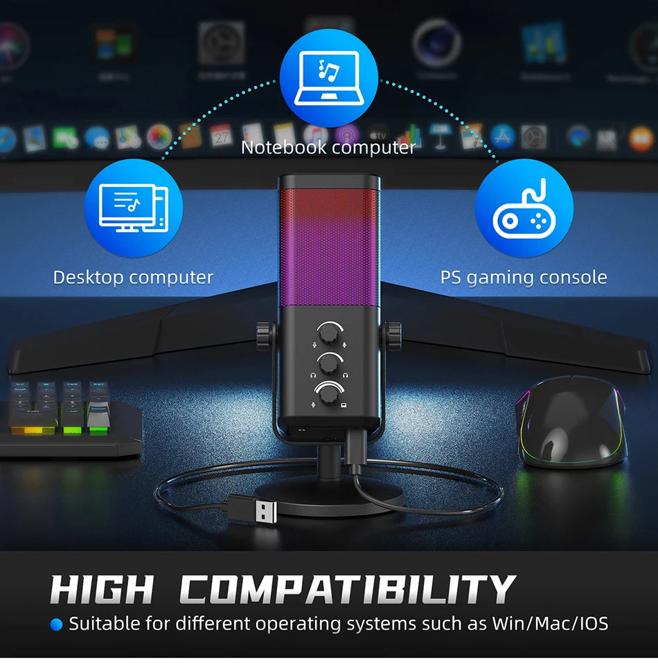 RGB Gaming Microphone Professional Dynamic Mic For Studio Broadcast Voice Computer Gamer Streaming Podcast Livestreaming Mic