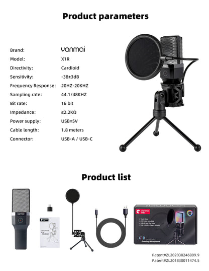 Gaming Computer Professional Condenser Microphone Mic PC Laptop USB Wired Live Streaming Podcast Studio Mike Kit Gamer Karaoke