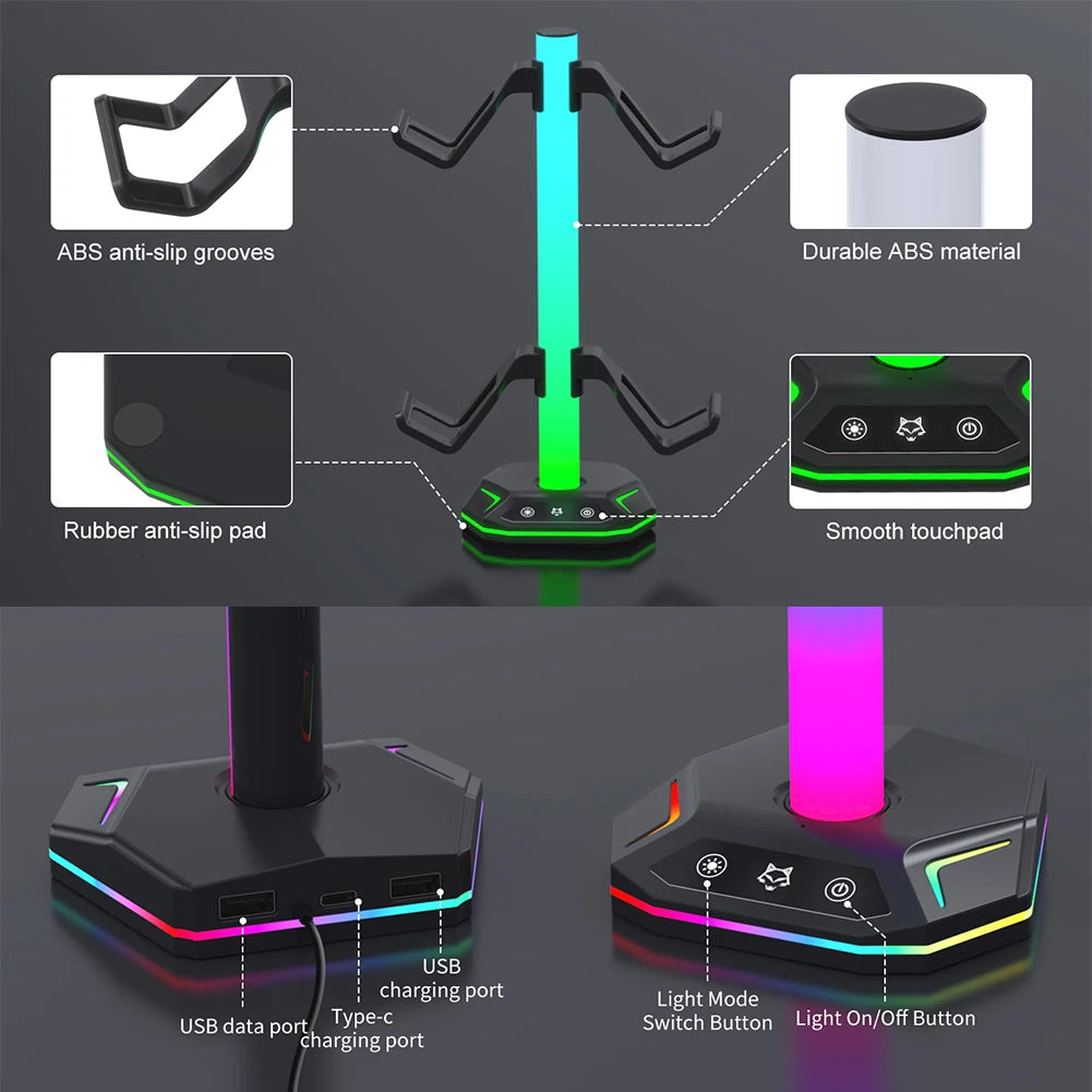 RGB Headphone & Controller Stand – 9 Light Modes for PS5/Xbox Desk