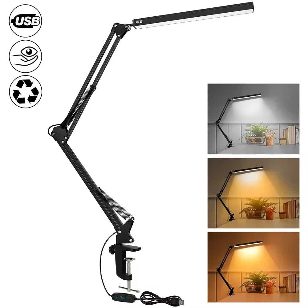 LED Desk Lamp with Rocker Arm – Adjustable, 10 Brightness Levels, 3 Lighting Modes