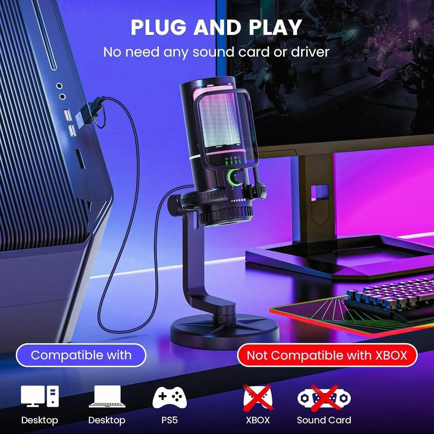 Monster Gaming USB Microphone 192KHz/24Bit Cardioid Condenser Mic with Touch Mute for PC PS4 PS5 Game Chat Podcasts Live Stream