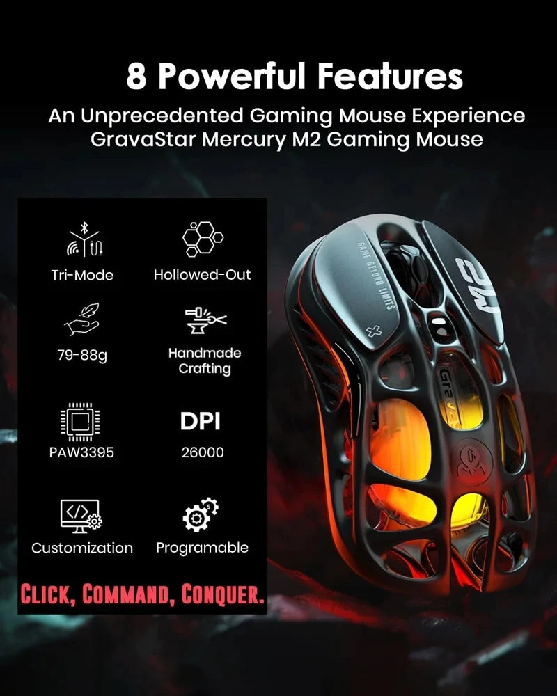 For GravaStar M1 M2 Gaming Mouse Magnesium Alloy Hollow Design Tri-Mode Wireless Wired Custom RGB Mice PC E-Sports Gifts