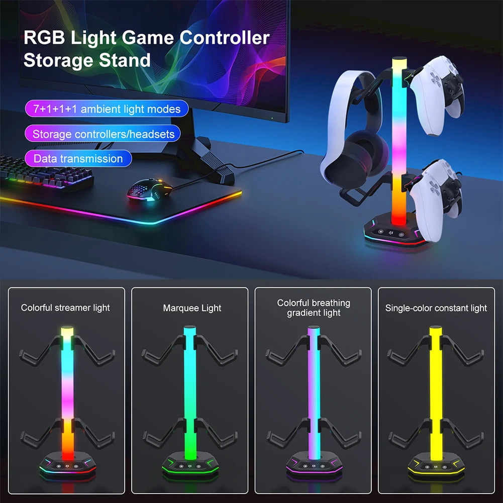 RGB Headphone & Controller Stand – 9 Light Modes for PS5/Xbox Desk