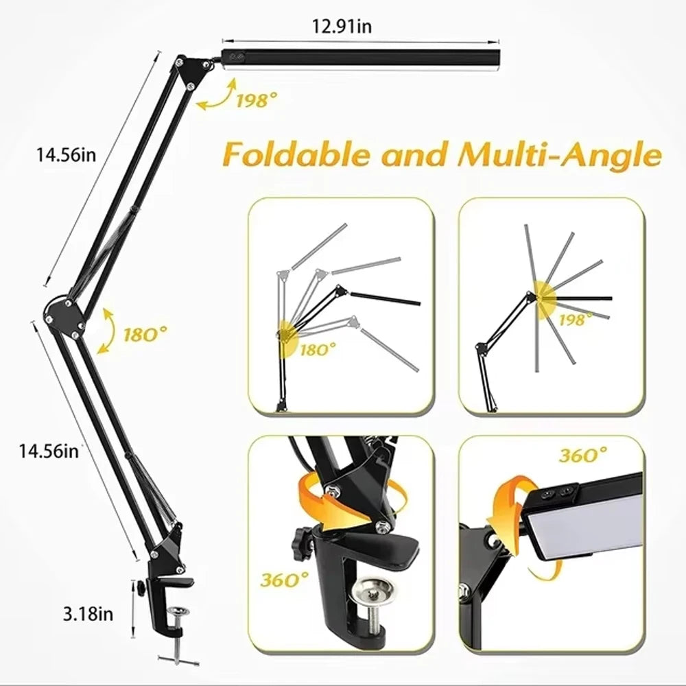 LED Desk Lamp with Rocker Arm – Adjustable, 10 Brightness Levels, 3 Lighting Modes