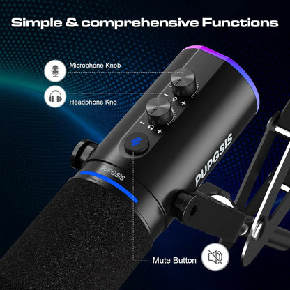 PUPGSIS USB/XLR Dynamic Microphone,PC Gaming Mic with RGB Light,Podcast Mic for Recording, Streaming, Vocal & Singing, with Mute