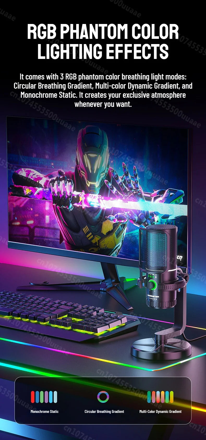Monster Gaming USB Microphone 192KHz/24Bit Cardioid Condenser Mic with Touch Mute for PC PS4 PS5 Game Chat Podcasts Live Stream