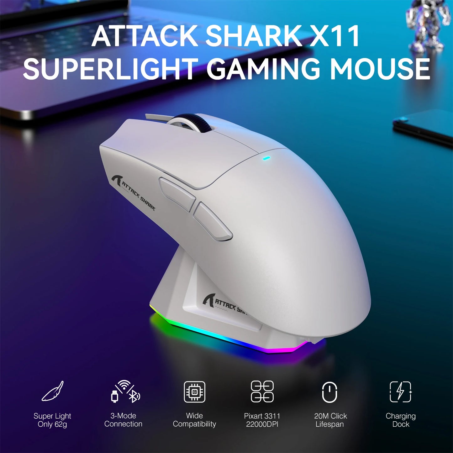 ATTACK SHARK X11 Wireless Gaming Mouse – RGB, 22K DPI, PAW3311 Sensor