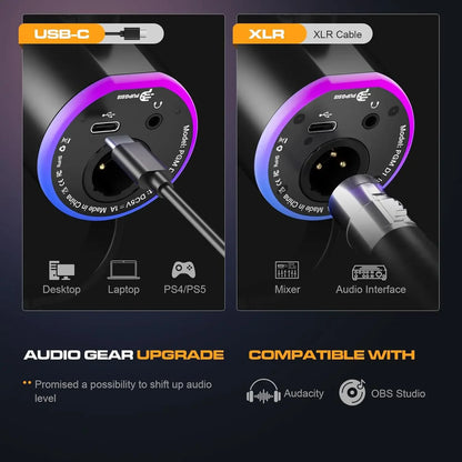 PUPGSIS USB/XLR Dynamic Microphone,PC Gaming Mic with RGB Light,Podcast Mic for Recording, Streaming, Vocal & Singing, with Mute