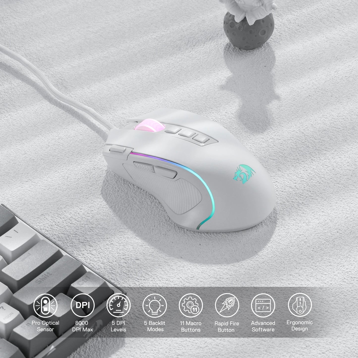Redragon M612 Predator RGB Gaming Mouse – 8000 DPI, Wired, White