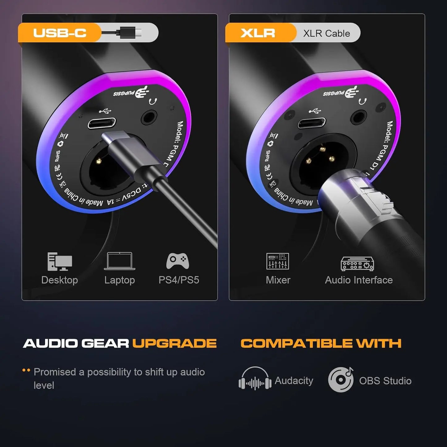 PUPGSIS USB/XLR Dynamic Microphone,PC Gaming Mic with RGB Light,Podcast Mic for Recording, Streaming, Vocal & Singing, with Mute