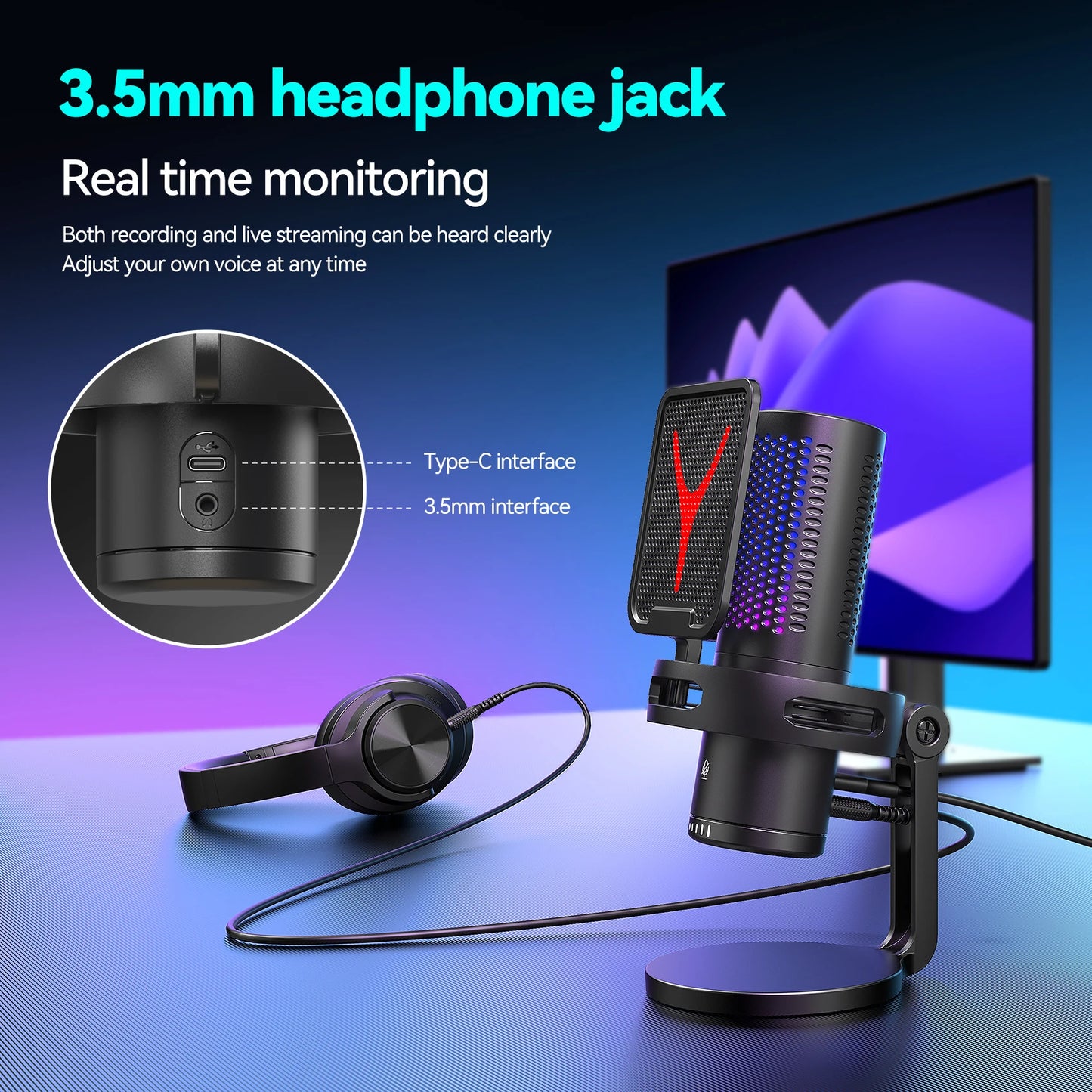 Gaming Computer Professional Condenser Microphone Mic PC Laptop USB Wired Live Streaming Podcast Studio Mike Kit Gamer Karaoke