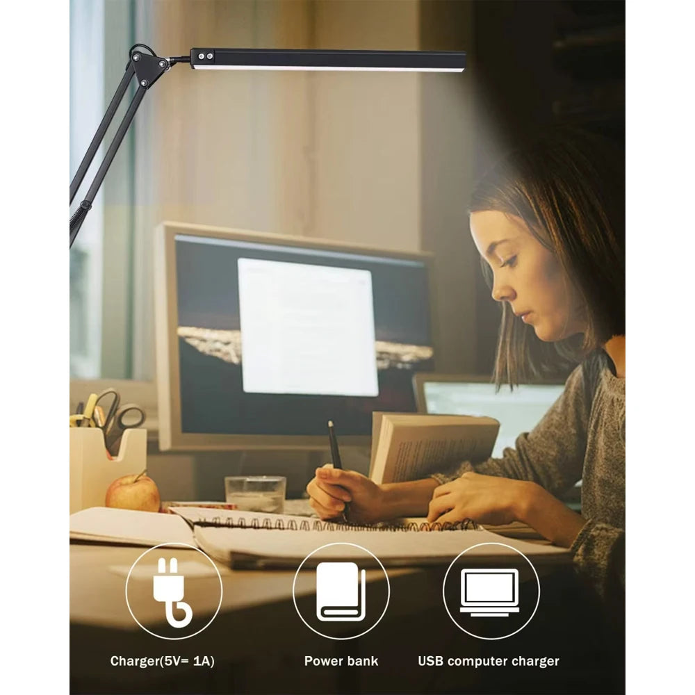 LED Desk Lamp with Rocker Arm – Adjustable, 10 Brightness Levels, 3 Lighting Modes