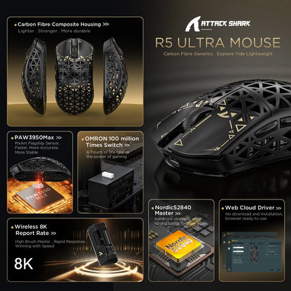 ATTACK SHARK R5 Ultra Carbon Fiber Wireless Gaming Mouse – 8K, 39g, PAW3950MAX Sensor