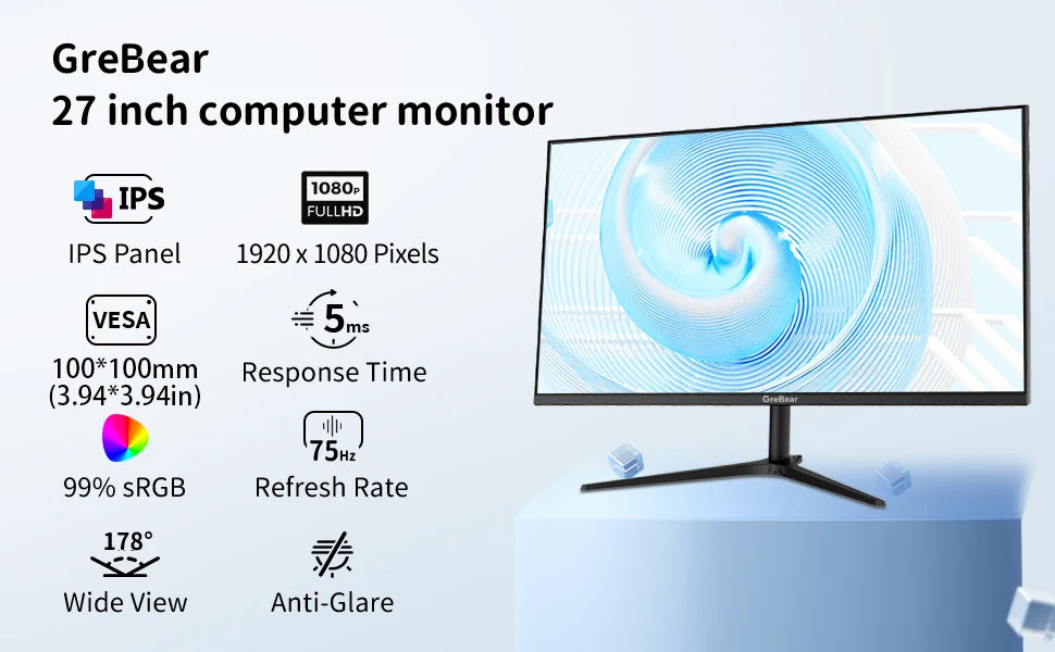 GreBear 27″ Full HD IPS Monitor – 75Hz, HDMI/VGA