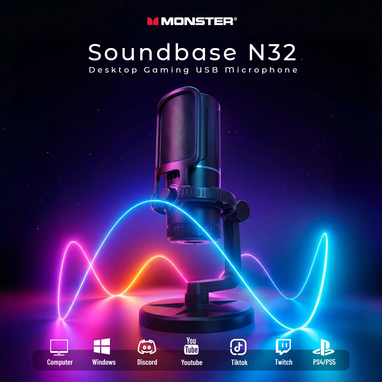 Monster Gaming USB Microphone 192KHz/24Bit Cardioid Condenser Mic with Touch Mute for PC PS4 PS5 Game Chat Podcasts Live Stream