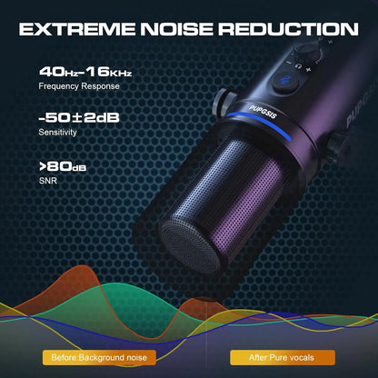 PUPGSIS USB/XLR Dynamic Microphone,PC Gaming Mic with RGB Light,Podcast Mic for Recording, Streaming, Vocal & Singing, with Mute