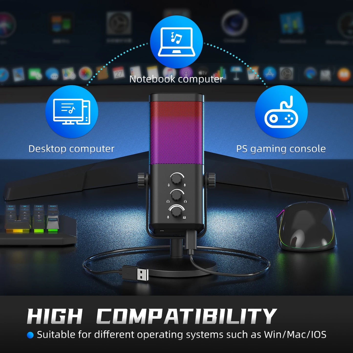 RGB Gaming Microphone Professional Dynamic Mic For Studio Broadcast Voice Computer Gamer Streaming Podcast Livestreaming Mic
