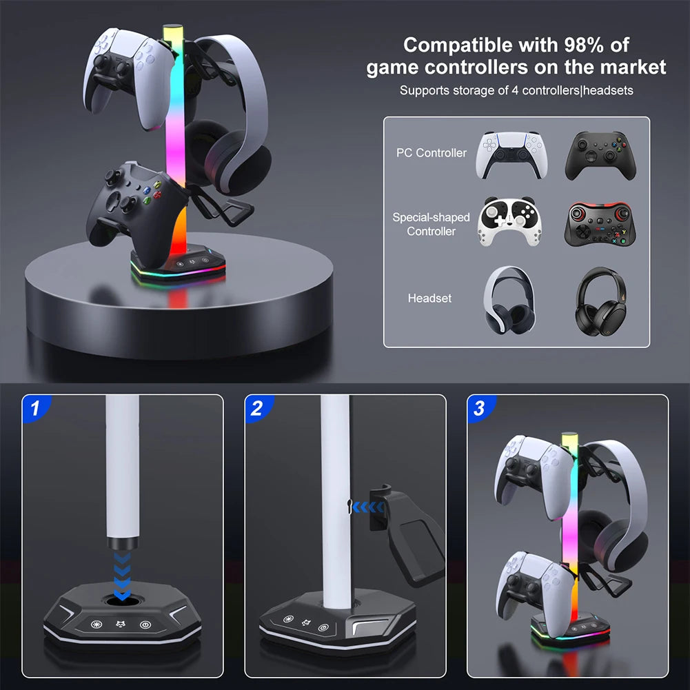 RGB Headphone & Controller Stand – 9 Light Modes for PS5/Xbox Desk