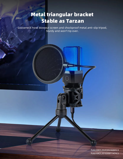Gaming Computer Professional Condenser Microphone Mic PC Laptop USB Wired Live Streaming Podcast Studio Mike Kit Gamer Karaoke